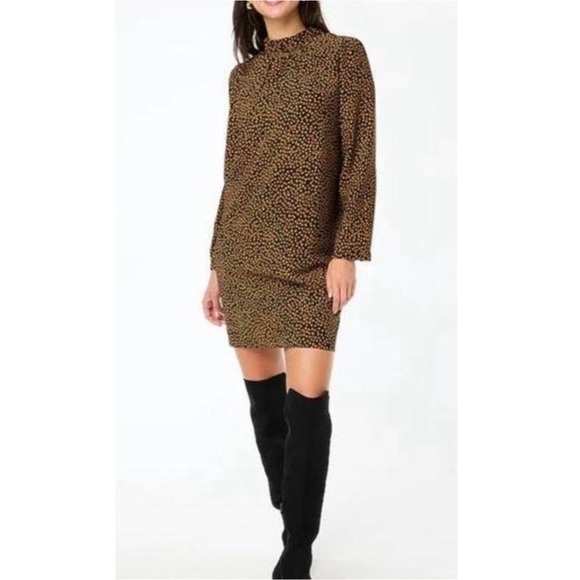 NWT J.Crew Ruffleneck Shift Dress in Black Golden Brandy, Animal Print Size 10 - Picture 1 of 16